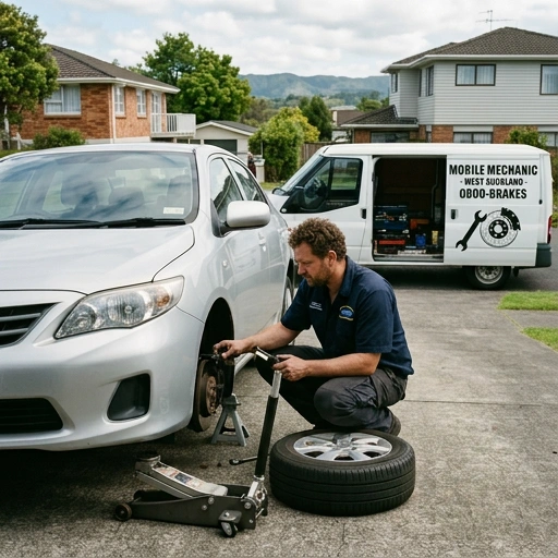 Mobile mechanic conducting brake inspection on a tradie's ute in West Auckland