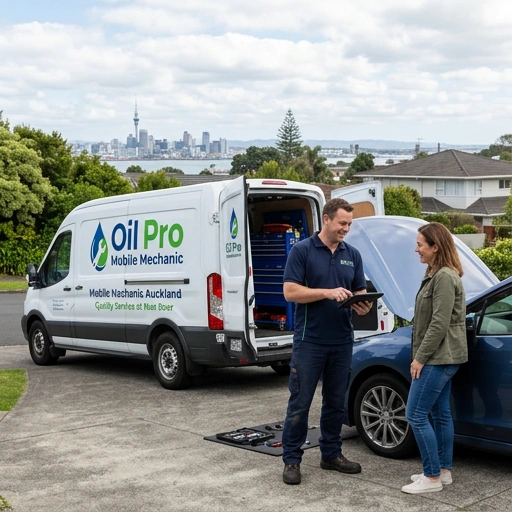 Oil Pro mobile mechanic consulting with happy customer in Auckland driveway