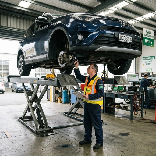 Car on hoist during Warrant of Fitness inspection at workshop