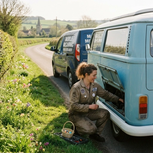 Mobile mechanic van parked on a suburban street during Easter holiday