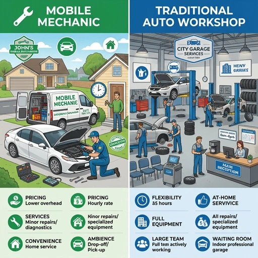Split image comparing mobile mechanic working on car vs traditional workshop